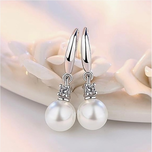 Earrings Pearl Dangle Silver Tone With Crystal Accent - Picture 2 of 8
